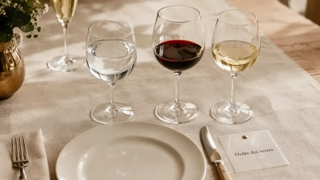 Dressage de table ordre des verres : verres à pied alignés et flûte à champagne