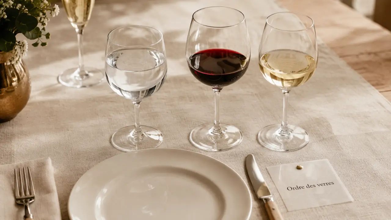 Dressage de table ordre des verres : verres à pied alignés et flûte à champagne