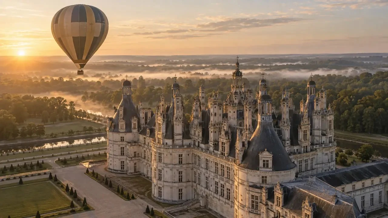 Montgolfière Chambord au lever du soleil devant le château et les forêts de Sologne