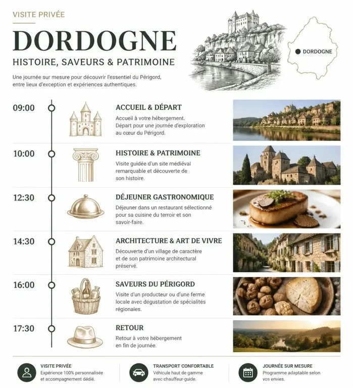 Exemple d'itinéraire pour un circuit privé en Dordogne Périgord