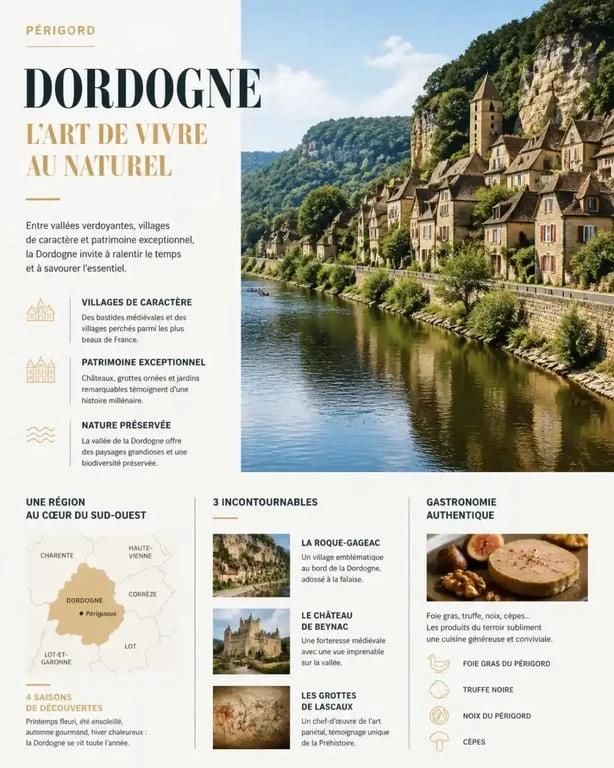 Paysage pittoresque de la Dordogne pour un circuit privé en Périgord