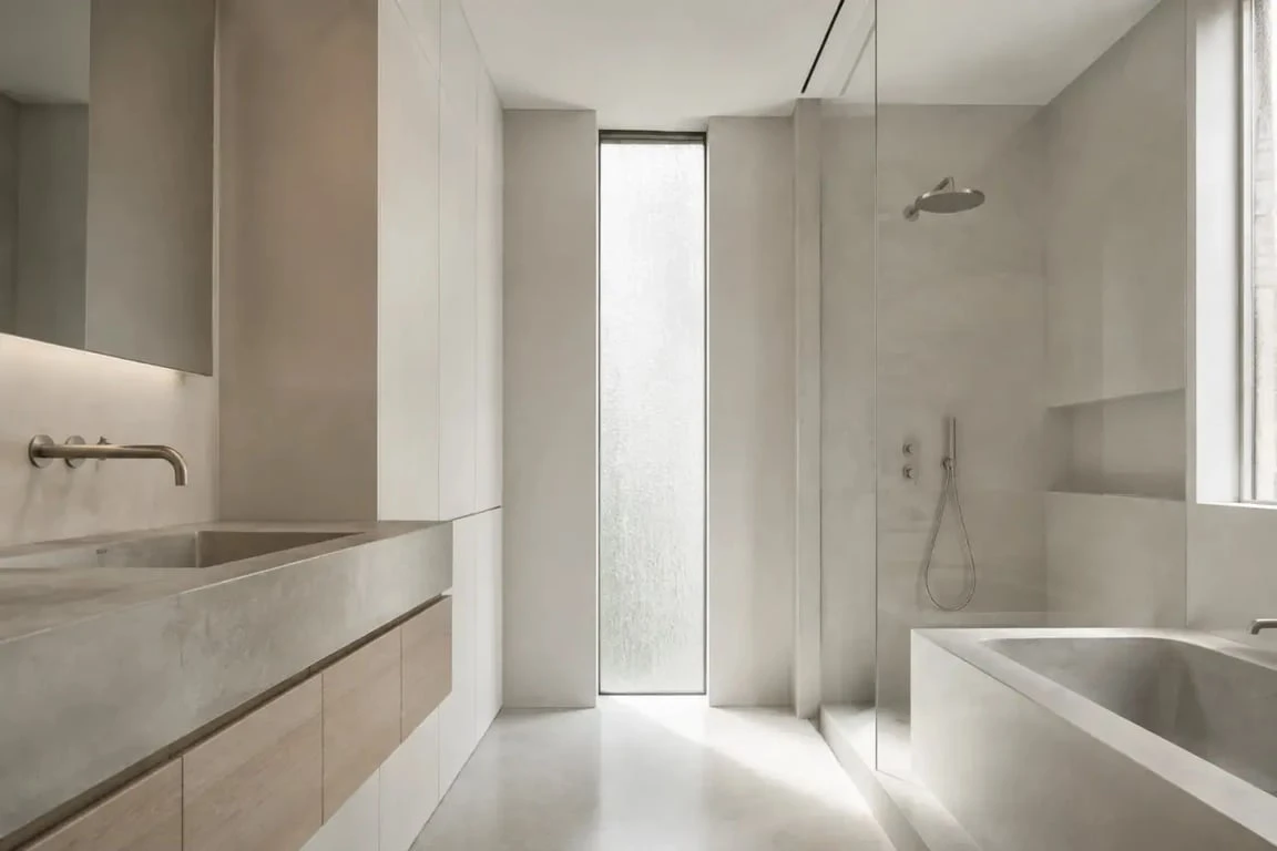 Fenêtre meurtrière verticale dans une salle de bain avec vitrage opaque