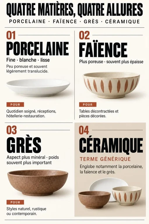 Infographie comparative sur la vaisselle porcelaine, la faïence, le grès et la céramique