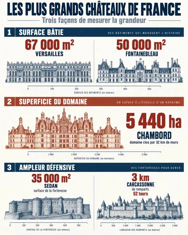 Infographie comparative des plus grands châteaux de France selon la surface bâtie, le domaine et les fortifications