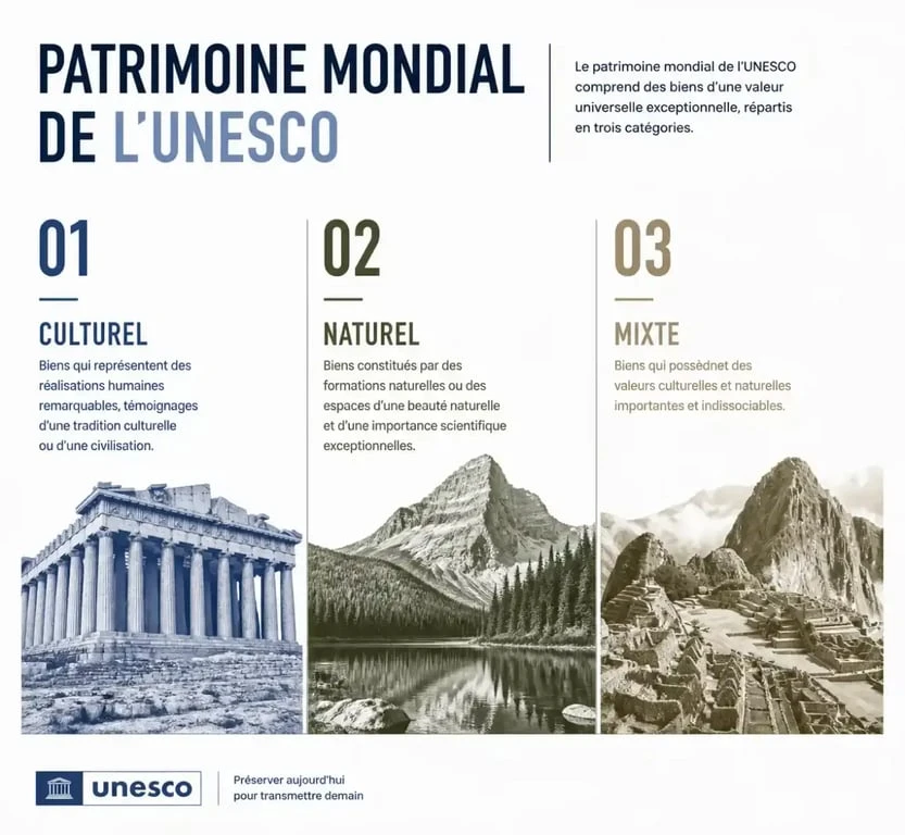 Illustration des trois types de patrimoine protégés par l'UNESCO