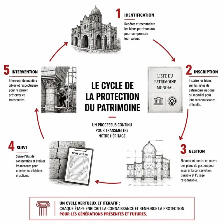 Schéma du cycle de protection du patrimoine mondial par l'UNESCO
