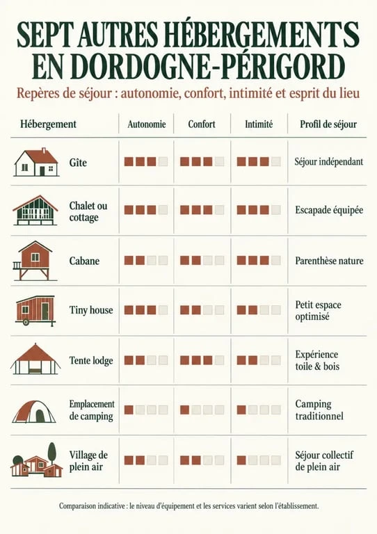 Autres hébergements à Dordogne-Périgord : comparaison des gîtes, cabanes, tiny houses et hébergements de plein air
