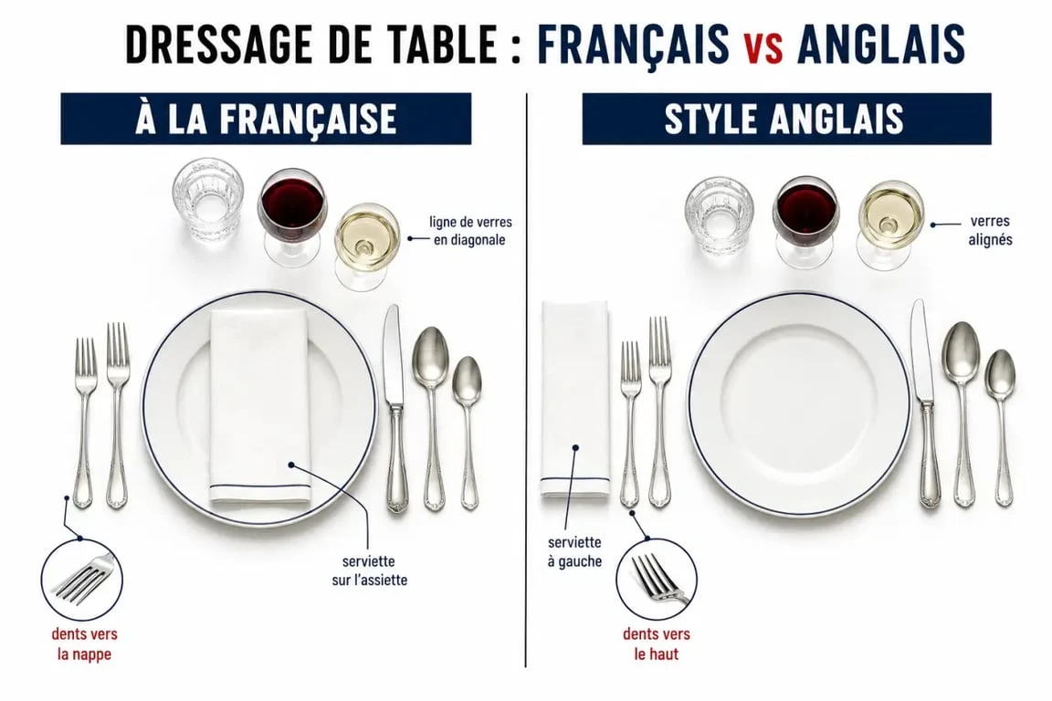 Comparaison du dressage table à la française et du dressage à l’anglaise avec les différences de placement
