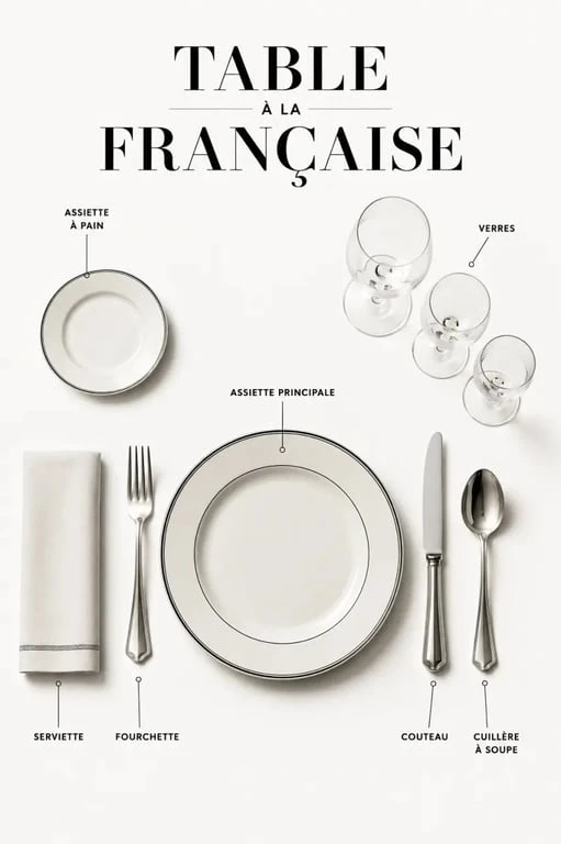 Dressage table à la française vu de dessus avec assiette, couverts, verres et serviette bien placés