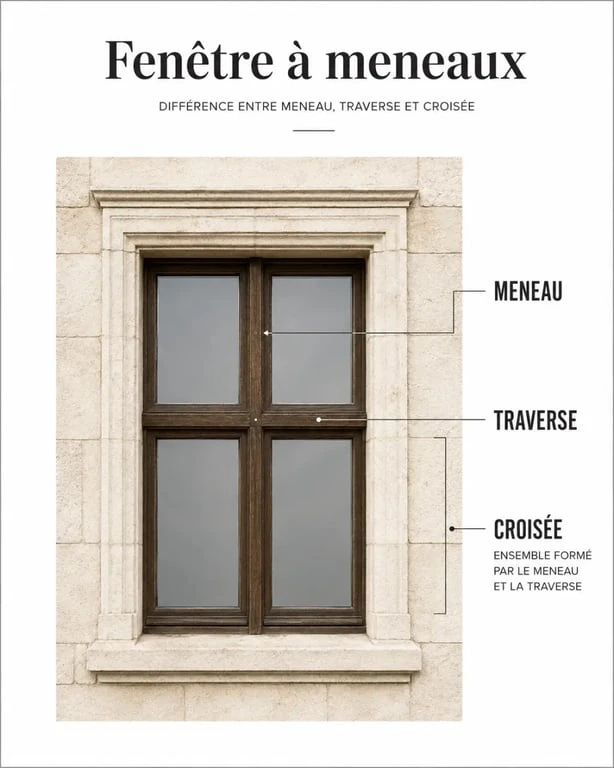 Fenêtres à meneaux : schéma explicatif d’une façade ancienne avec meneau vertical et traverse horizontale
