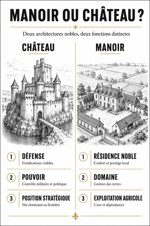 Différence manoir et chateau : comparaison visuelle entre un château fortifié et un manoir résidentiel