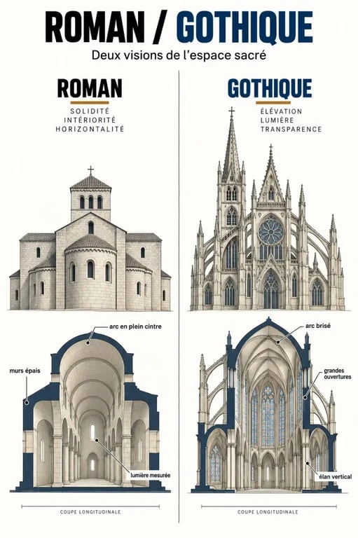 Architecture romane et architecture gothique : comparaison des arcs, des murs, des voûtes et de la lumière