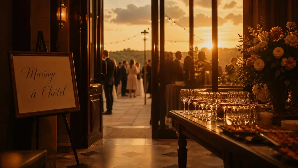 Hotel mariage : vin d’honneur au coucher du soleil, hall et terrasse