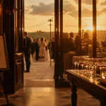 Hotel mariage : vin d’honneur au coucher du soleil, hall et terrasse