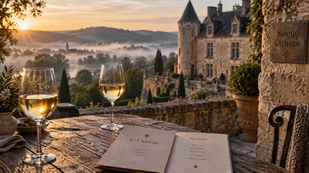 Séjour château Dordogne : table, brume et château en pierre