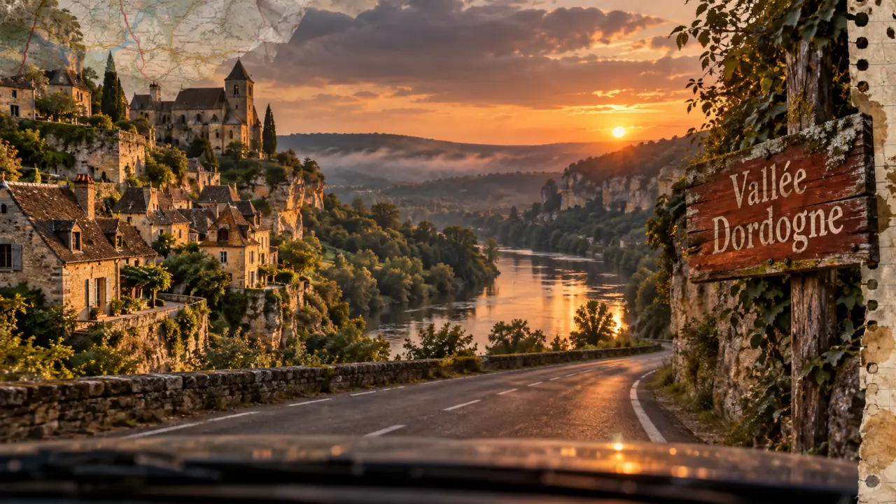 Visites en périgord : route sinueuse en Dordogne, vallée de la Dordogne, village et châteaux