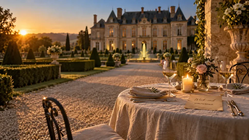 Week end amoureux dans un chateau : table romantique au coucher du soleil
