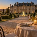 Week end amoureux dans un chateau : table romantique au coucher du soleil