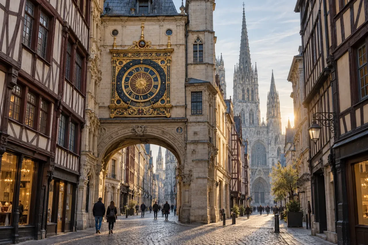 Visite patrimoine Rouen dans le centre historique avec le Gros-Horloge et la cathédrale Notre-Dame