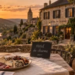 Hôtel de charme Aveyron : table en lin et vin, village au golden hour