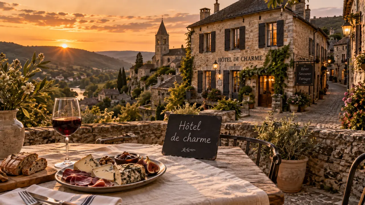 Hôtel de charme Aveyron : table en lin et vin, village au golden hour