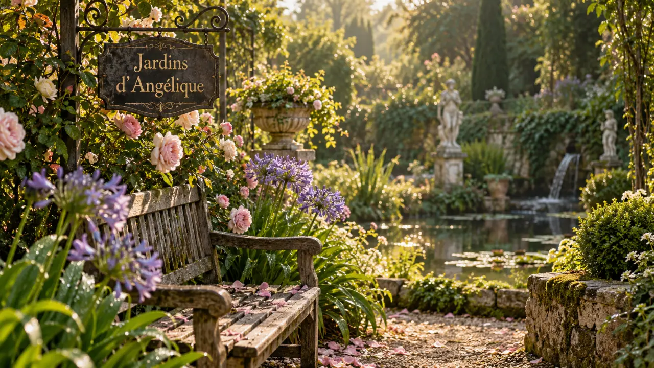 Jardins à visiter autour de Rouen : banc et fleurs au jardin d’Angélique