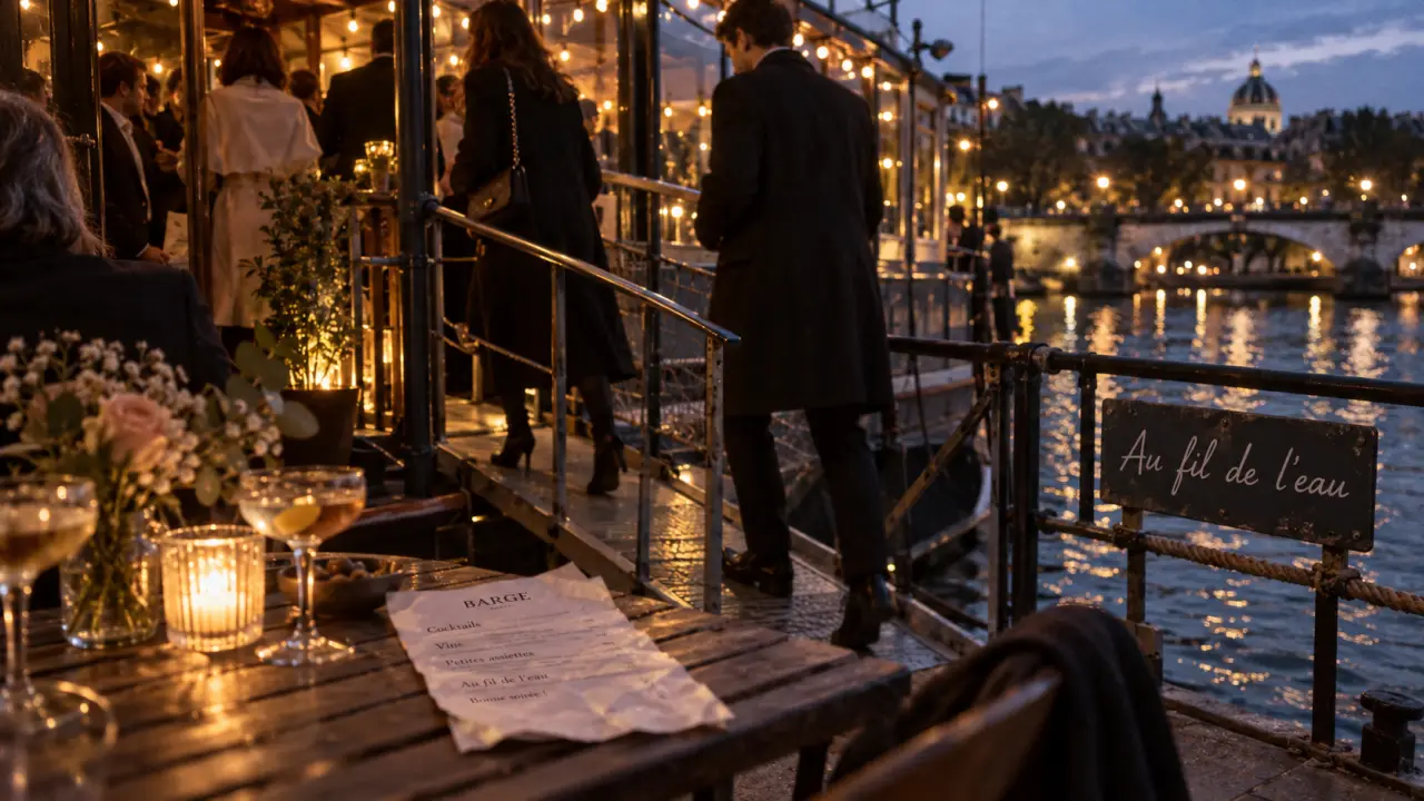 Lieu insolite mariage sur péniche, invités au crépuscule