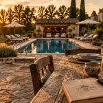 Location de prestige et de luxe en Dordogne Périgord : terrasse en pierre et piscine chauffée
