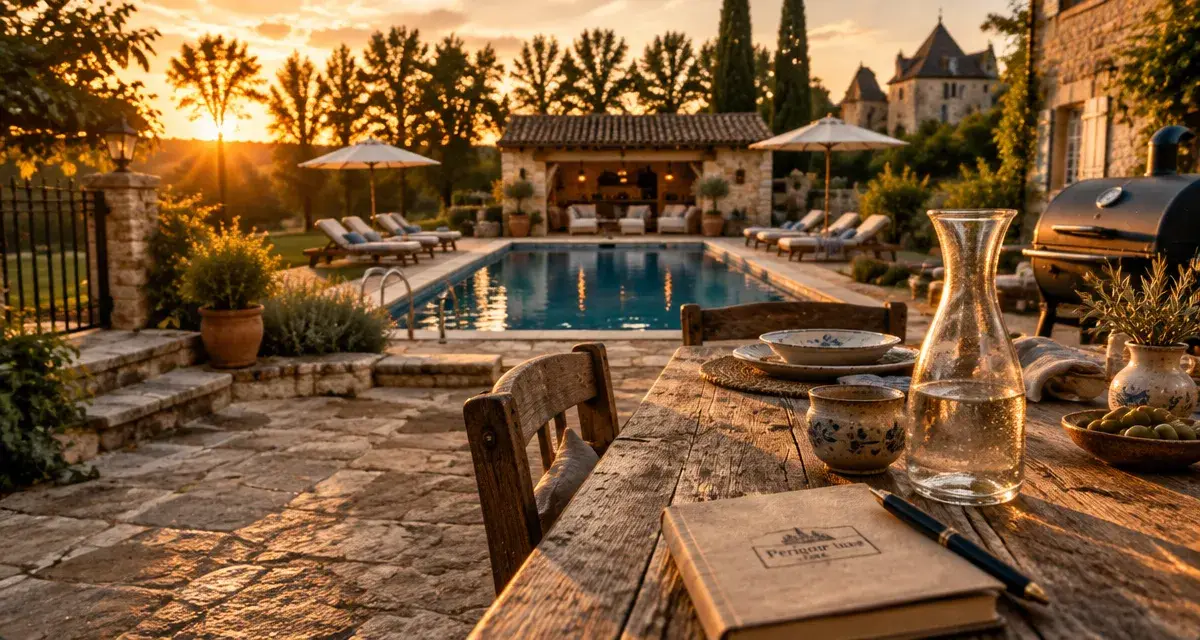Location de prestige et de luxe en Dordogne Périgord : terrasse en pierre et piscine chauffée