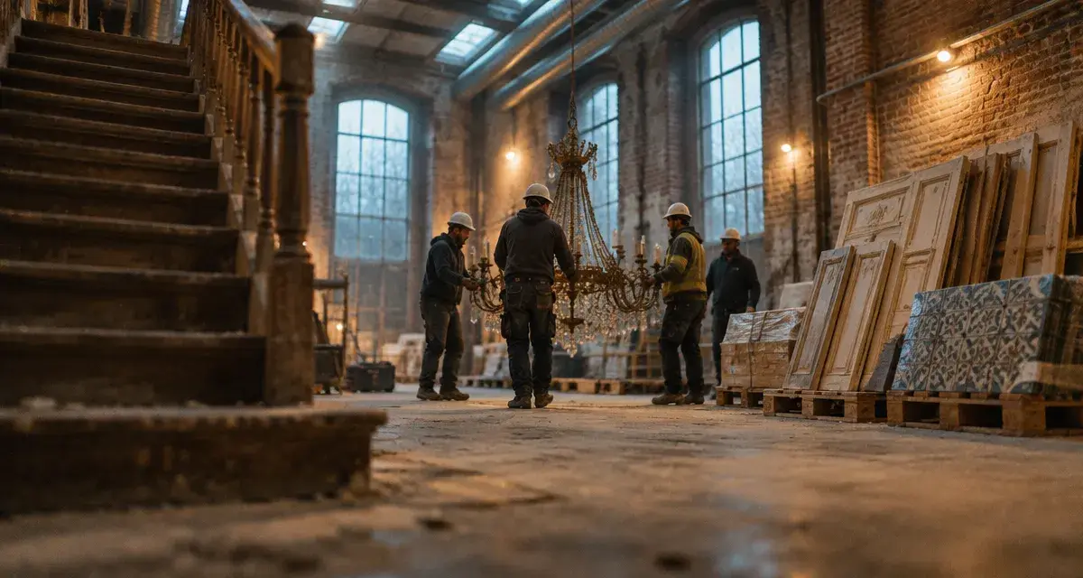 Rénovation XXL : bienvenue au château, équipe déplace un lustre en remise