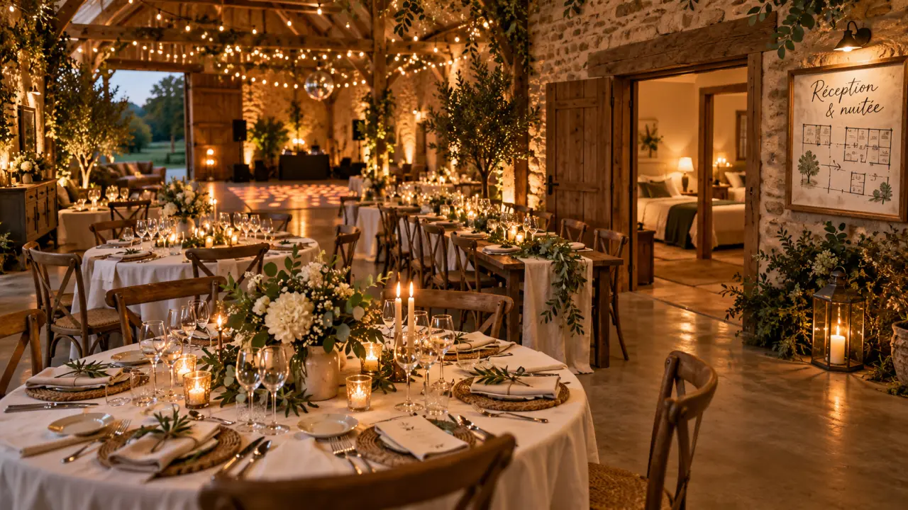 Salle de réception avec hébergements le domaine de marin, tables et couchages