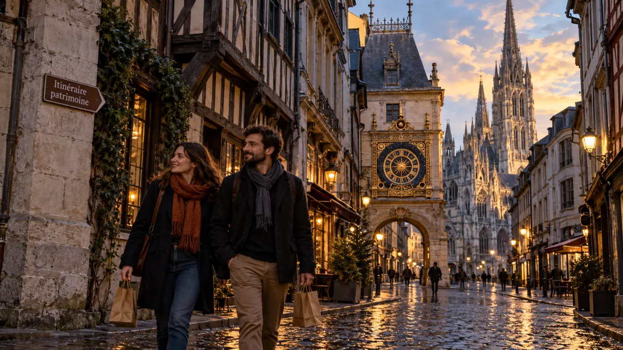 Visite patrimoine rouen : marcheurs sur pavés vers Saint-Ouen, Gros-Horloge et cathédrale en arrière-plan.