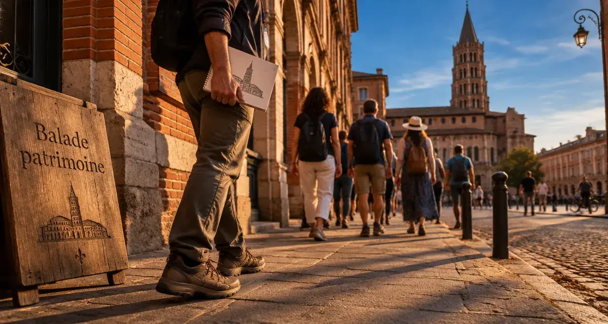 Visite patrimoine Toulouse à pied près du Capitole, guide et touristes vers Saint-Sernin